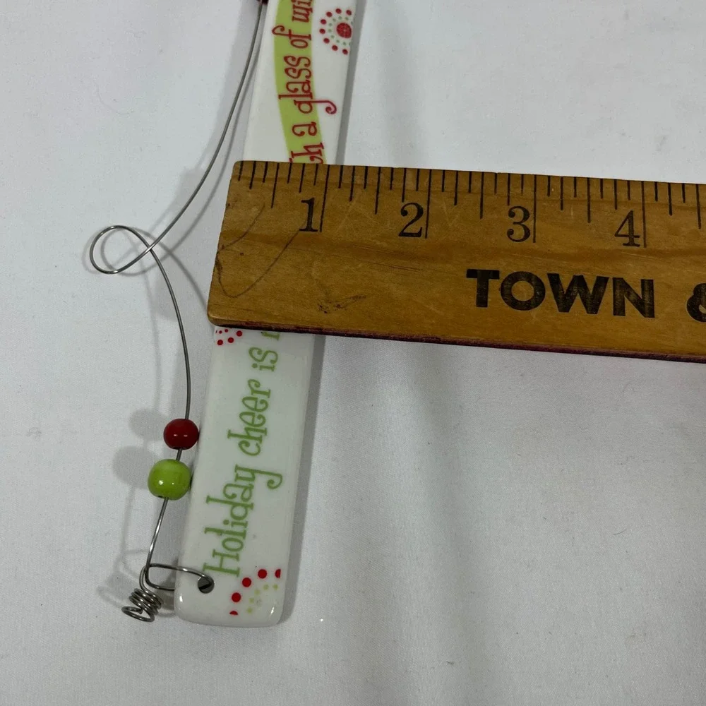 Holiday Cheer Wine Hand‎ Ceramic Ornament Red Green Beads Metal Hanger 8x1